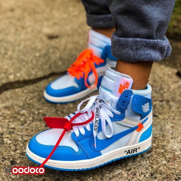 کتانی نایک ایر جردن ۱ آف وایت آبی سفید Nike air Jordan 1 high off-white blue and white