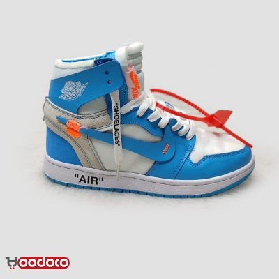 کتانی نایک ایر جردن ۱ آف وایت آبی سفید Nike air Jordan 1 high off-white blue and white