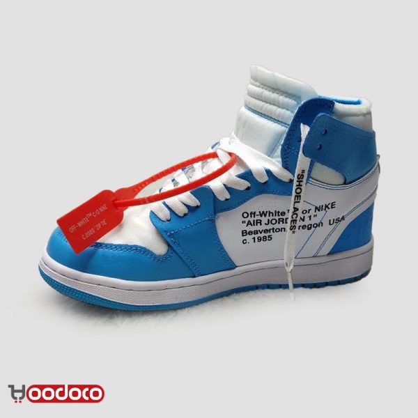 کتانی نایک ایر جردن ۱ آف وایت آبی سفید Nike air Jordan 1 high off-white blue and white
